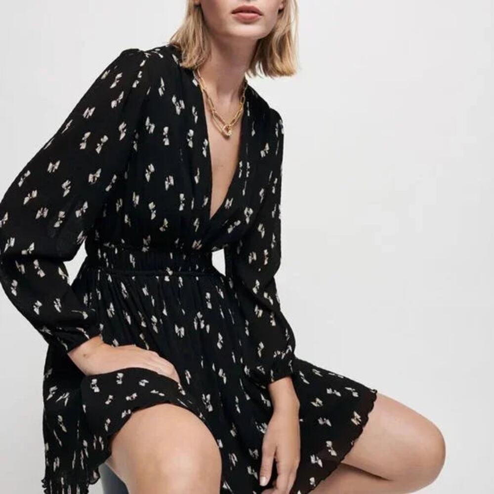 Maje Rionana V-Neck Bow Print Mini Dress size 42 or XL - Picture 7 of 12